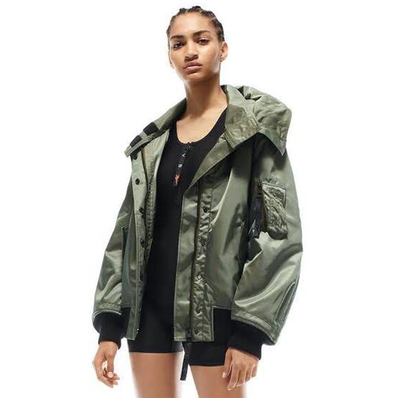 REEBOK X VICTORIA BECKHAM Satin-Shell Hooded Bomber Jacket Green Sz L - Picture 1 of 11